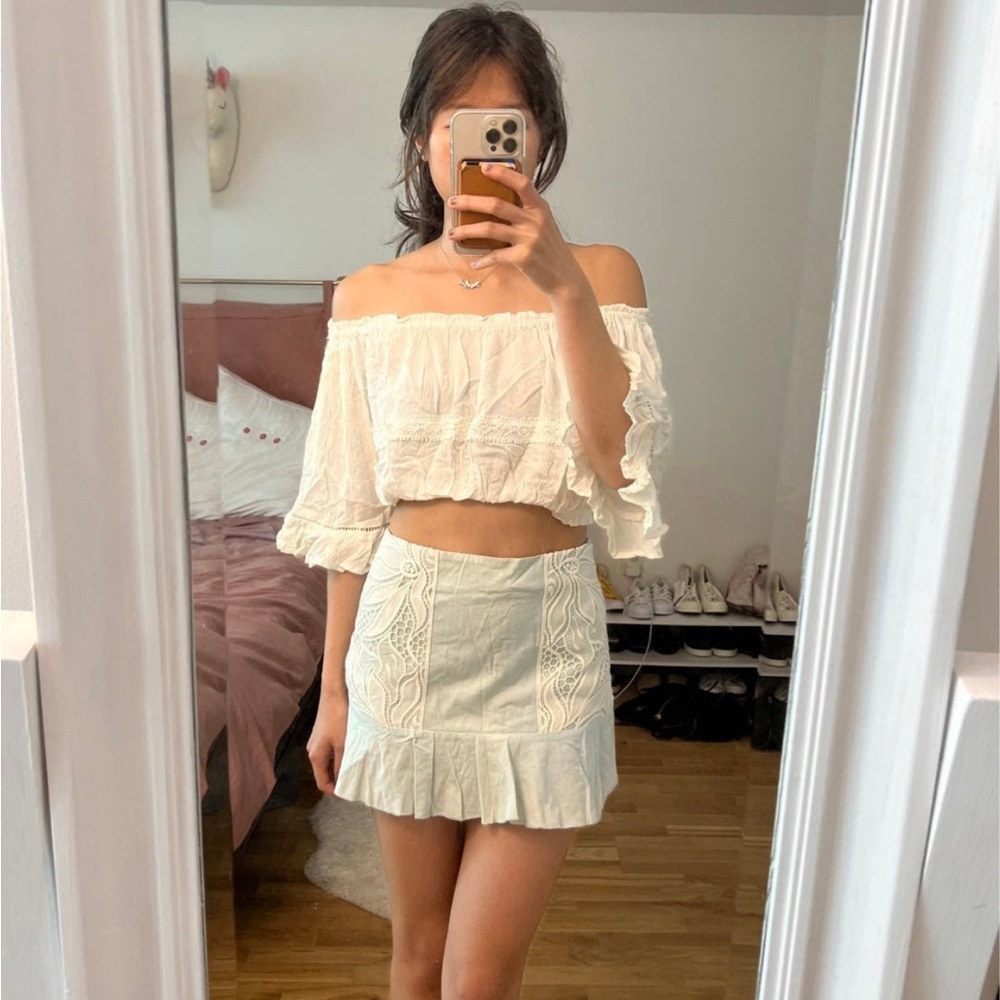 New LF nature rose lace trim pastel blue mini skirt